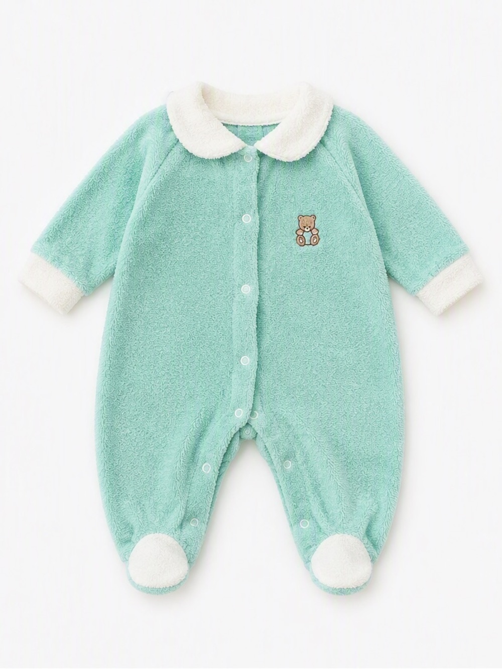 70s Vintage Terrycloth Embroidered Teddy Bear Mint Green Baby Sleeper NB 11LBS